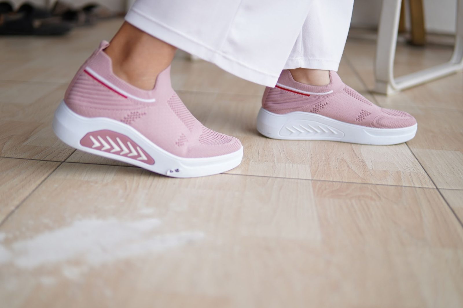 Close-up of supportive slip-on walking shoes