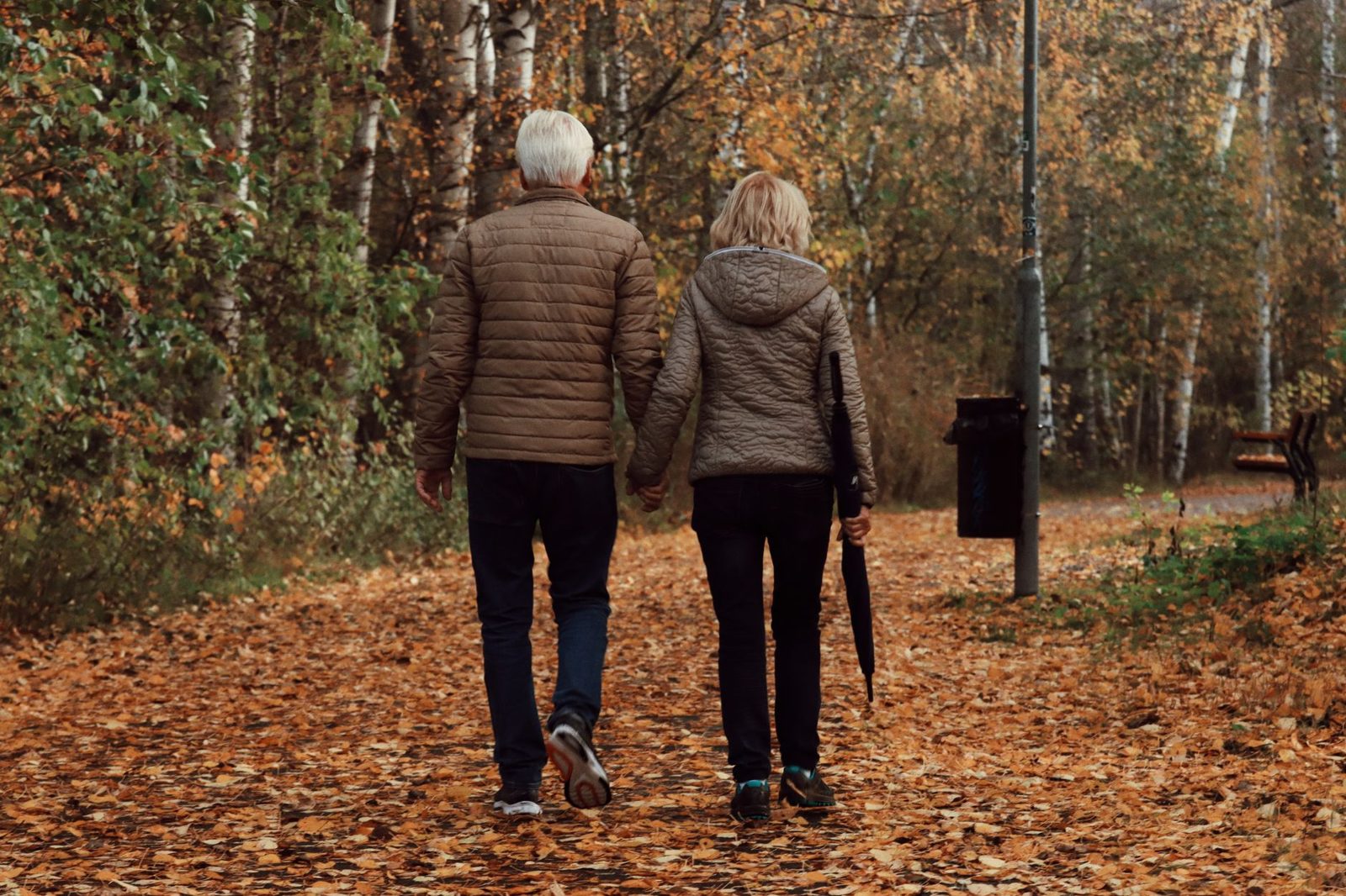 Older couple walking arm in arm through an autumn park